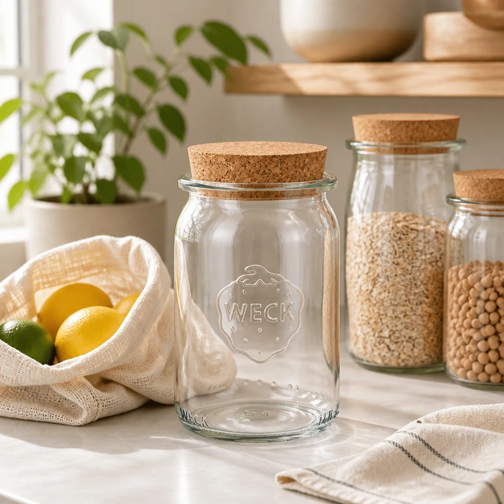 145ml válcová sklenice WECK RR40 s korkem přírodní WECK 145ml Zylinderglas RR40 leer mit Korkdeckel in nachhaltiger Zero-Waste Küche neben Hülsenfrüchten und Zitrusfrüchte