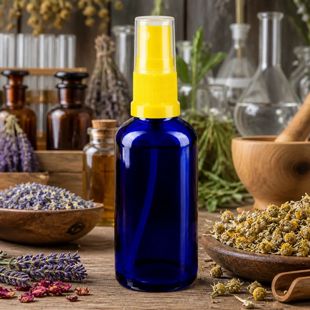 Hochwertige 50ml Blauglasflasche mit Sprühpumpe gelb für pharmazeutische Anwendungen