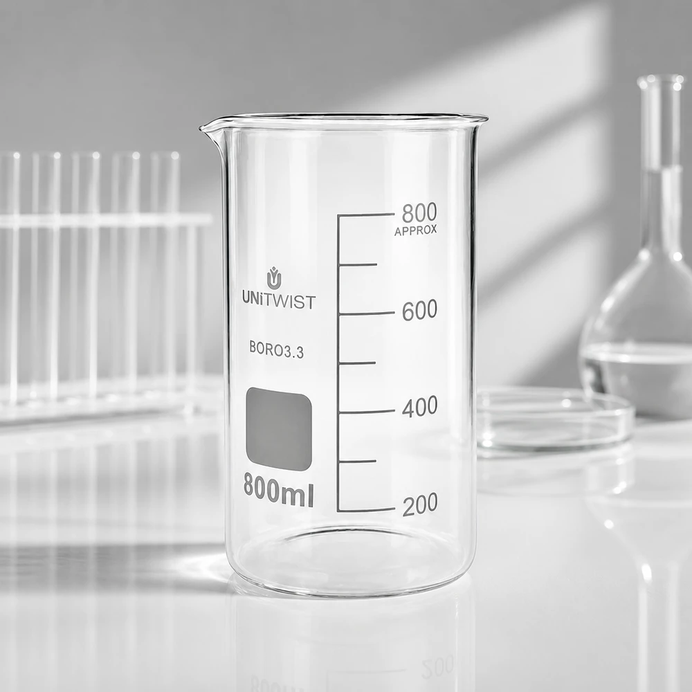 Kádinka 800 ml borosilikátová, vysoká forma UNiTWIST Klares hitzebeständiges Becherglas 800ml hohe Form Borosilikat UNITWIST im professionellen Labor