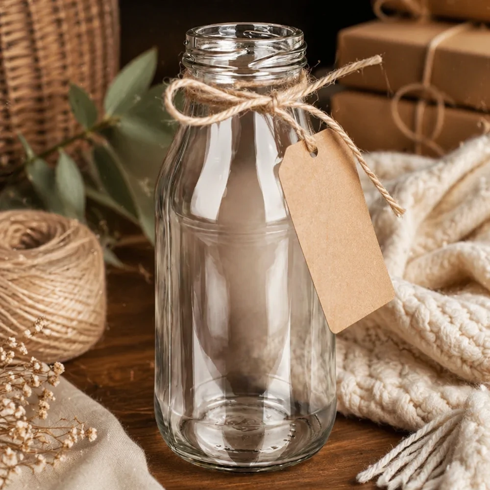 Láhev o objemu 263 ml bez víčka (TO43) UNiTWIST Glasflasche 263ml TO43 UNiTWIST Bottle263 mit Juteschnur und Anhänger auf Holztisch mit Dekoration