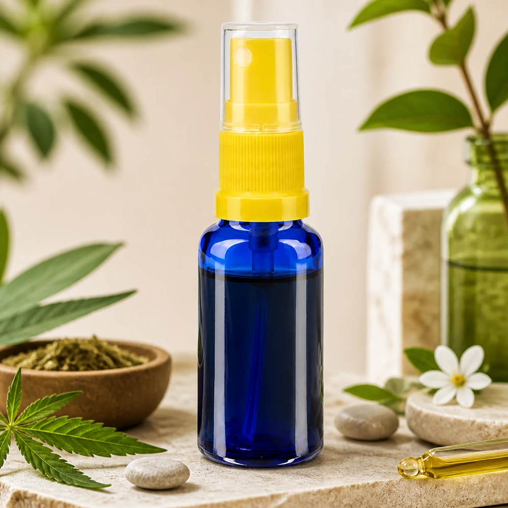 Lékárenská lahvička modrá 20ml s rozprašovacím uzávěrem žlutá Miniatur Apothekersprayflasche blau 20ml gelber Aufsatz lichtgeschütztes Borosilikatglas