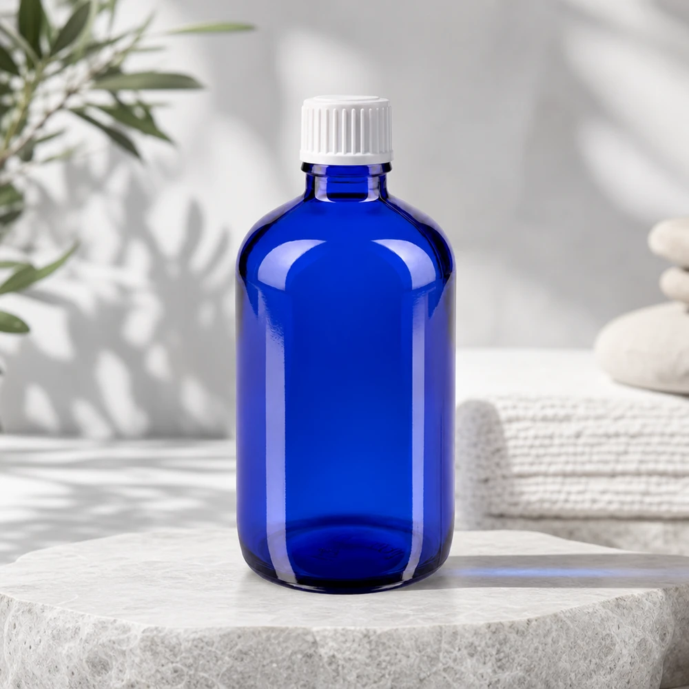 Apothekerflasche Blauglas 100ml schlankes Design weißer Verschluss Naturkosmetik