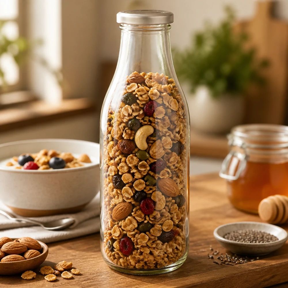 1000ml Glasflasche BasicSeal silber gefüllt mit Müsli Nüssen und Trockenfrüchten für trockene Lebensmittel Vorratshaltun