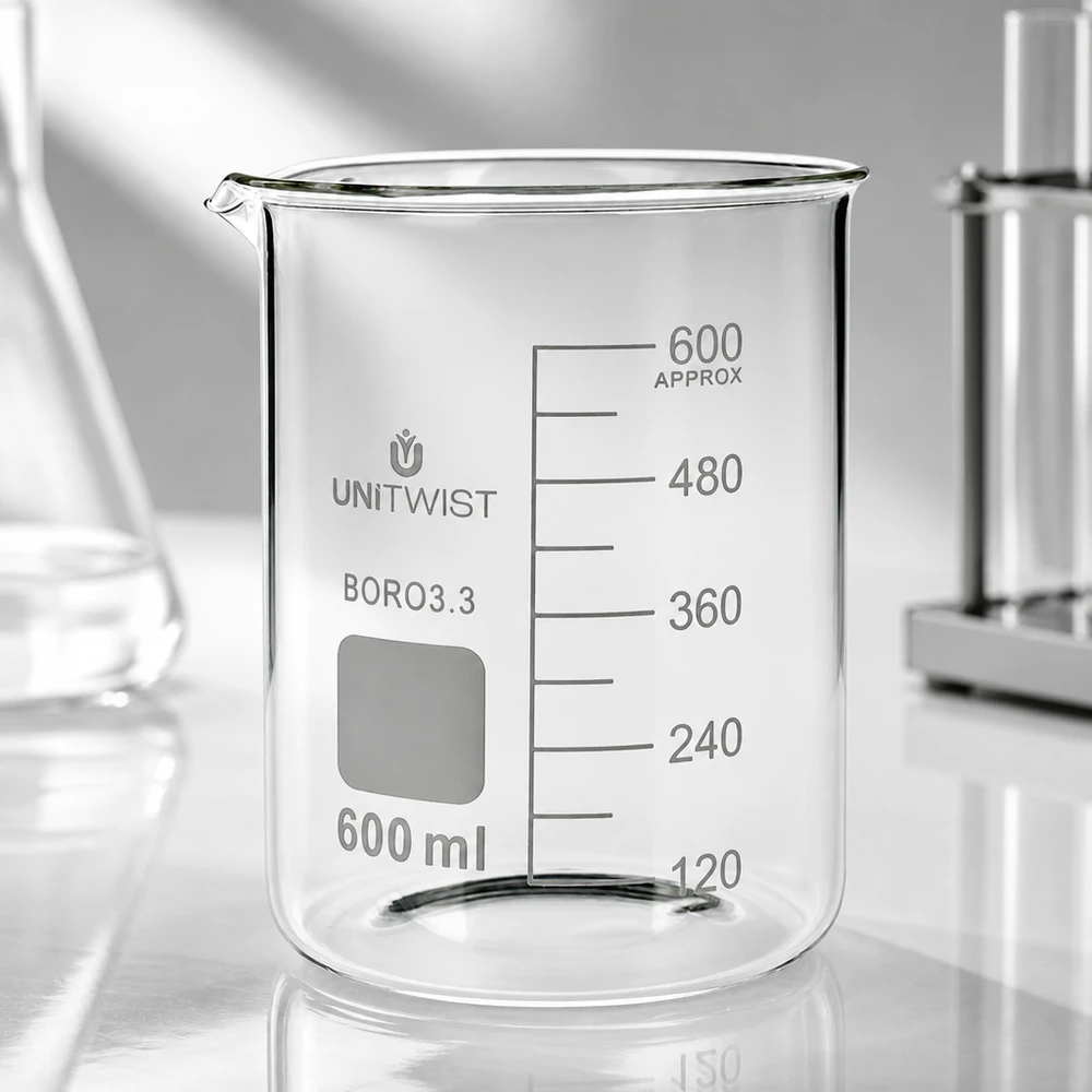 Kádinka 600 ml borosilikátová, nízká forma UNiTWIST Becherglas 600ml Borosilikat niedrige Form UNiTWIST mit rechteckigem Beschriftungsfeld und Skala