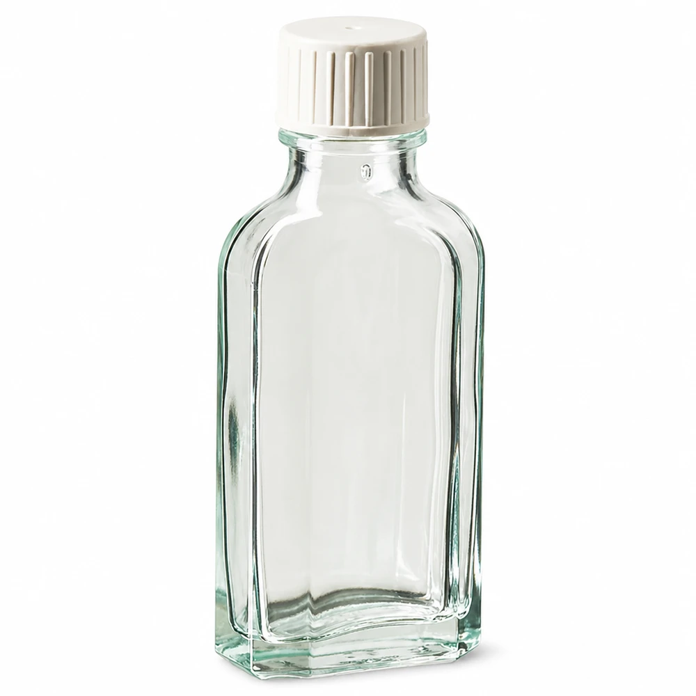 50 ml šroubovací uzávěr Meplat čirý s nalévacím kroužkem. Meplat Klarglasflasche 50 ml mit kindersicherem Schraubverschluss und Gießring