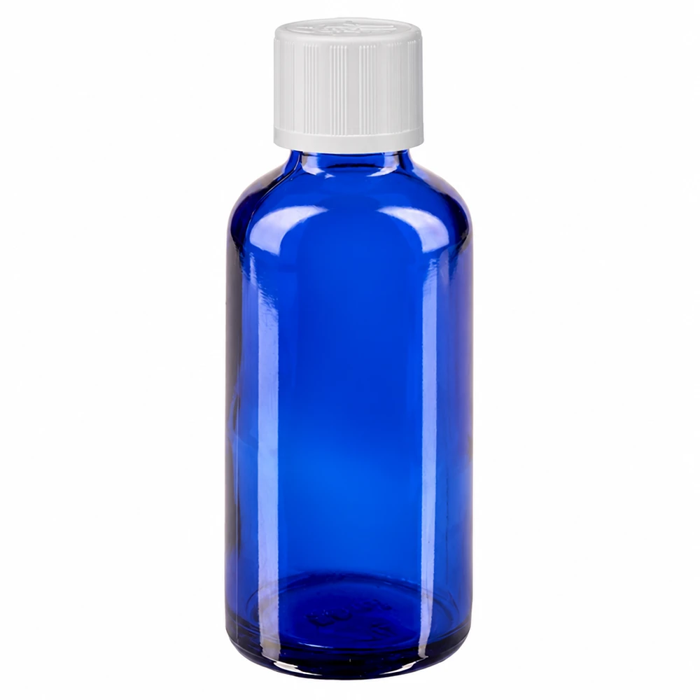 Lékárenská láhev modrá 50ml kapátko bílý uzávěr odolný proti otevření dětmi standard. Blaue UV-Schutz Glasflasche 50ml mit weißem Kindersicherheitsverschluss für Pharmazeutika