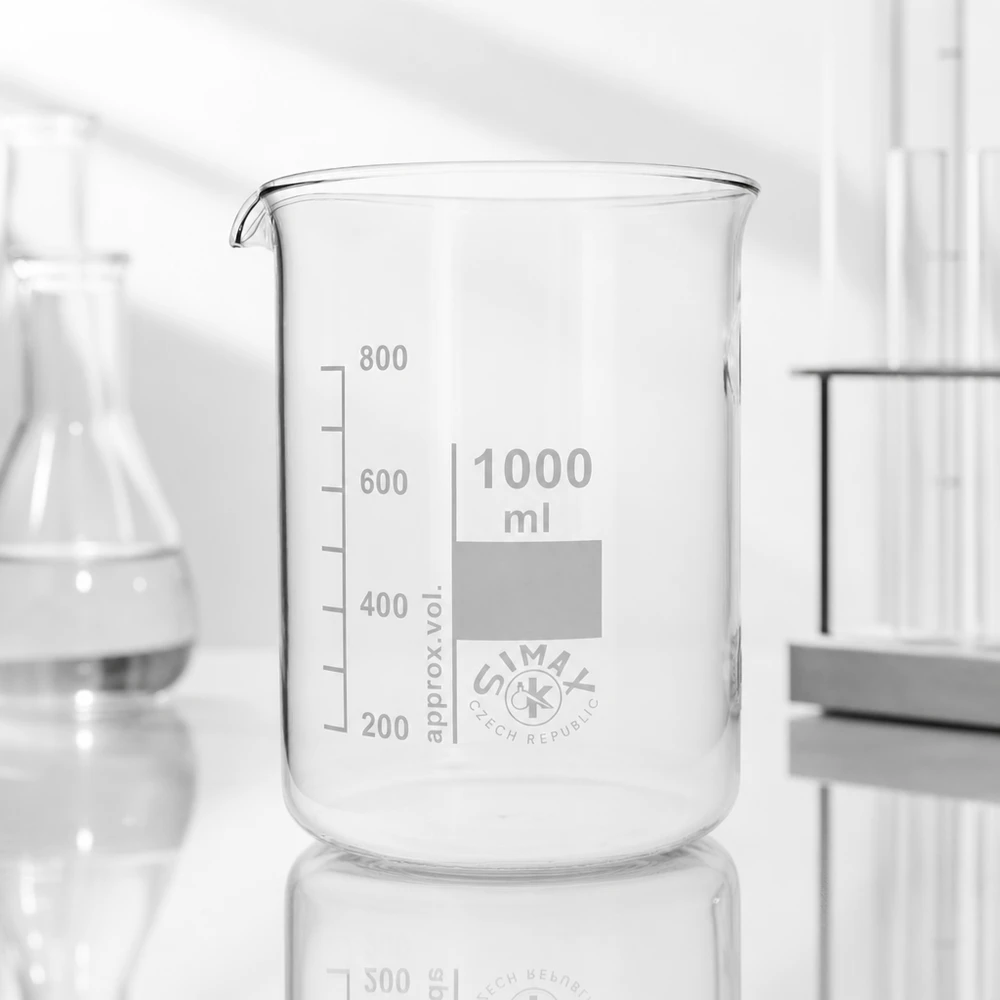 Kádinka 1000ml z borosilikátového skla, nízký tvar Dickwandiges Laborglas 1000ml mit Ausguss für sichere Handhabung von Flüssigkeiten