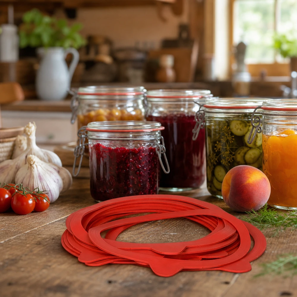 Zavařovací kroužek z přírodního kaučuku RR120 Einkochring RR120 aus Naturgummi in rustikaler Küche mit Einmachgläsern und frischen Zutaten für das Einkochen