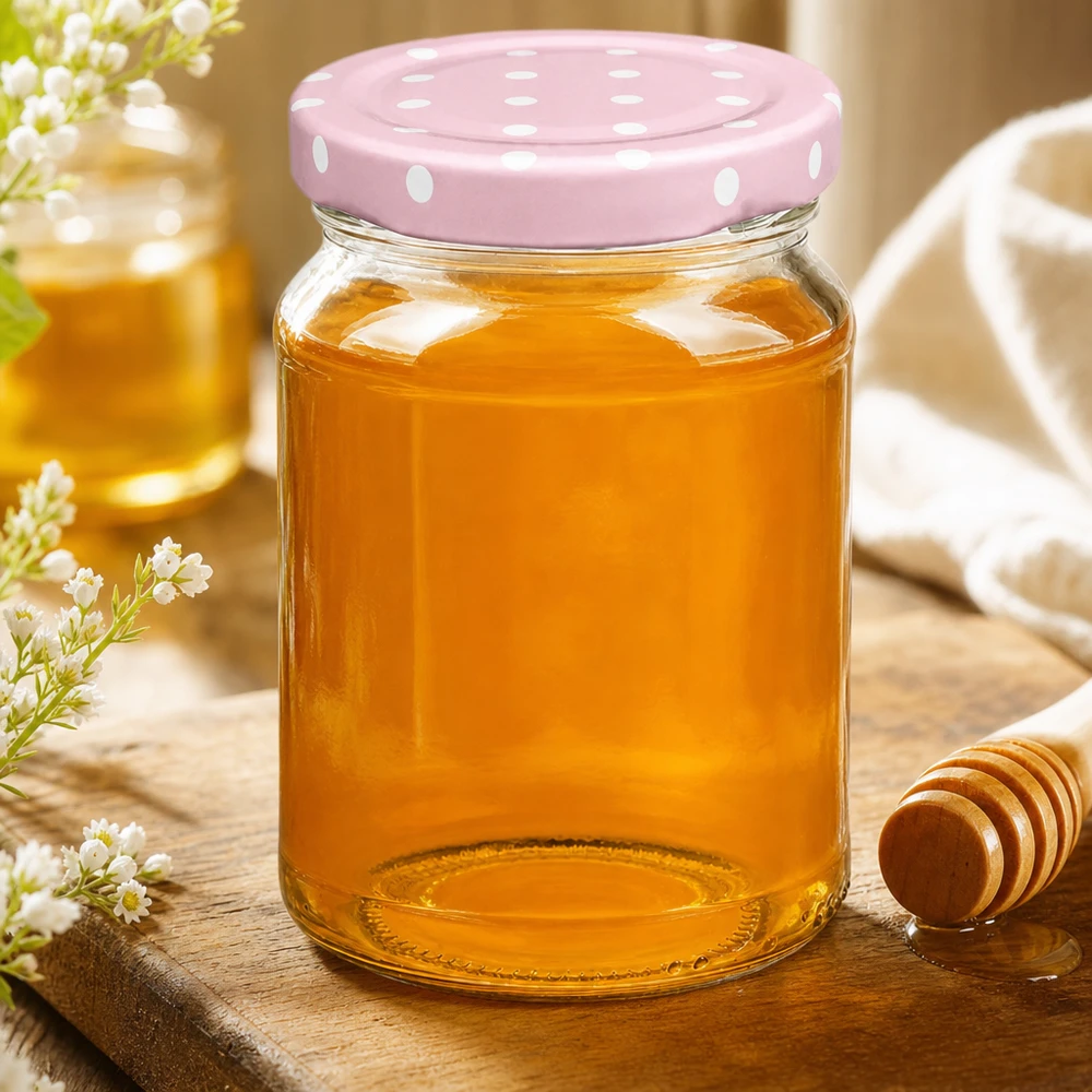 205ml kulatá sklenice + víčko BasicSeal s tečkami růžové UNiTWIST Dekoratives 205ml Rundglas mit rosa BasicSeal Punktedeckel neben Honiglöffel auf Holztisch mit Blumen