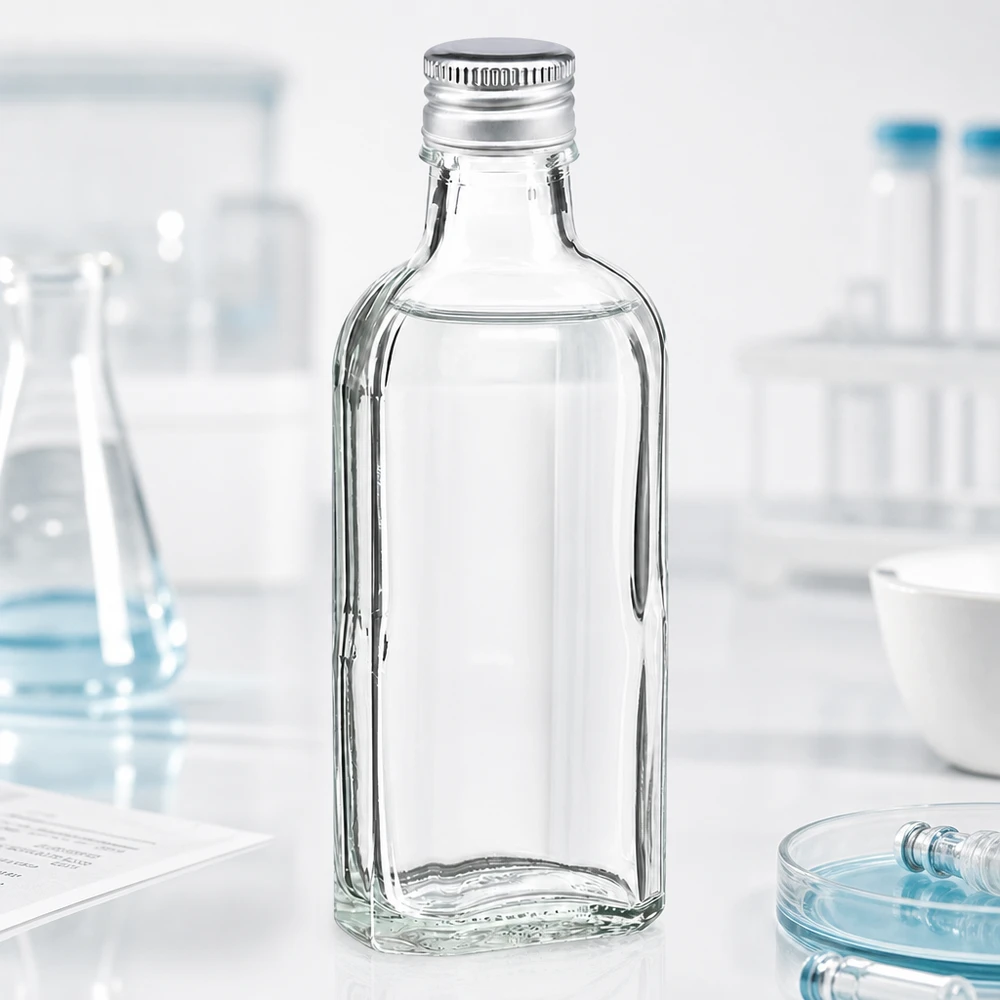 100 ml Meplat čirý s hliníkovým uzávěrem stříbrný PP22 Leere 100ml Meplat Klarglasflasche mit silberfarbenem Aluminiumverschluss PP22 für Kosmetik