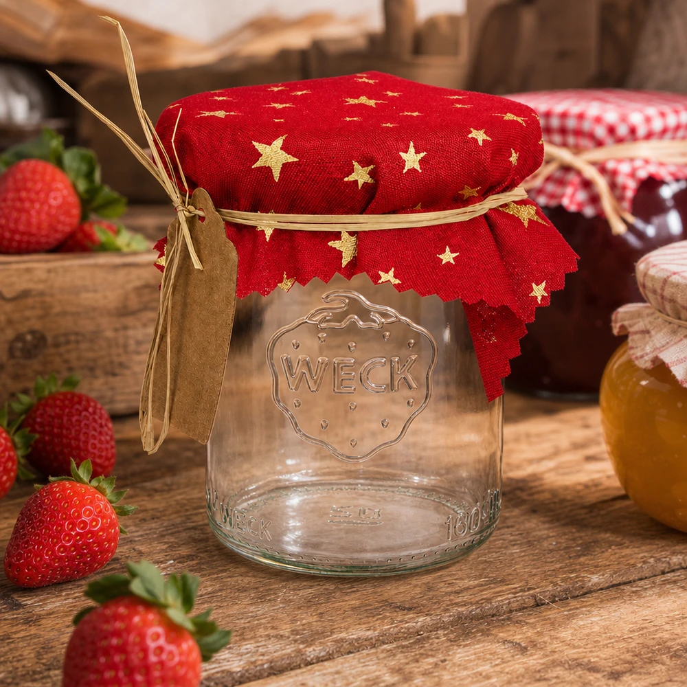 Látkový ubrousek na šperky červený "hvězdy" 12cm čtvercový Dekoratives Schmuckdeckchen rot Sterne auf Einmachglas mit Erdbeeren rustikale Küchendeko Landhausstil 12cm