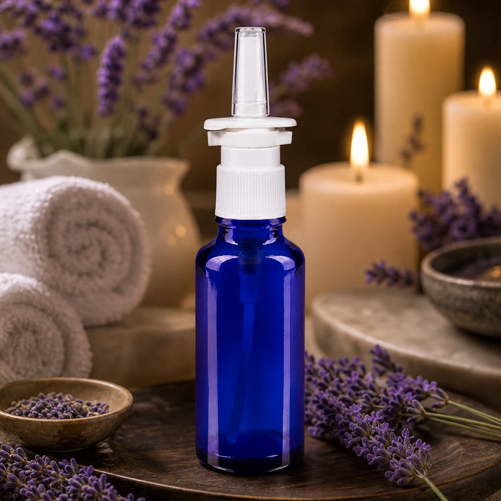 Lékárenská lahvička modrá 30ml nosní rozprašovač bílá standardní Lichtschutz-Nasensprayflasche 30ml aus blauem Glas mit weißem Pumpkopf und klarer Applikator