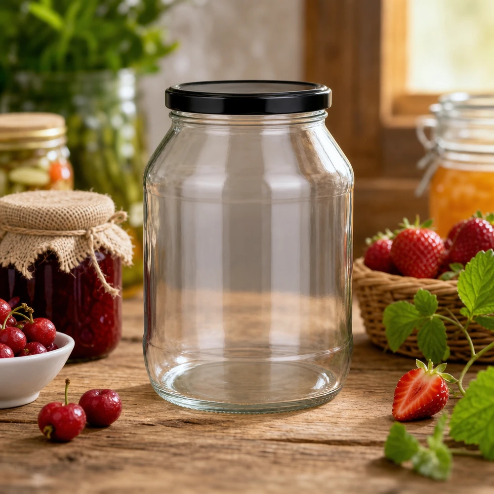 2650ml kulatá sklenice s víčkem BasicSeal černá UNiTWIST 2650ml Rundglas mit schwarzem Deckel für Einmachen und Vorratshaltung in rustikaler Küche mit frischen Früchten