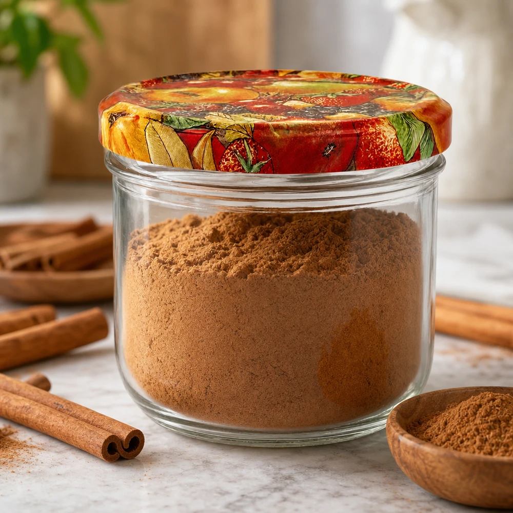 260ml kelímky + víčko BasicSeal s ovocným dekorem UNiTWIST. Sturzglas 260ml gefüllt mit Zimtpulver und farbenfrohem Obst-Dekor Deckel auf Küchentheke