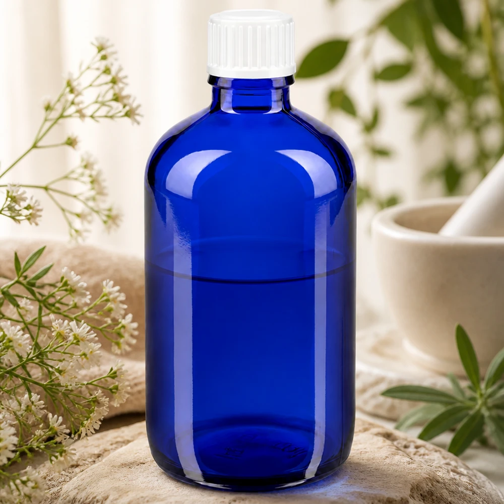 Lékárenská láhev modrá 100ml šroubovací uzávěr bílý globule standardní UV-Schutz Glasflasche blau 100ml Standard-Apothekerflasche mit weißem Kunststoffverschluss