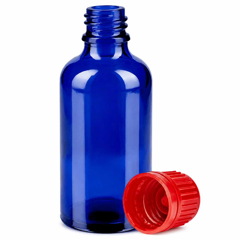 50ml láhev 11mm šroubovací uzávěr červený tamper-evidentní uzávěr BlueLine UT18/50 50ml Präzisionsflasche Glas blau mit rotem Schraubverschluss 11mm SV OV BlueLine
