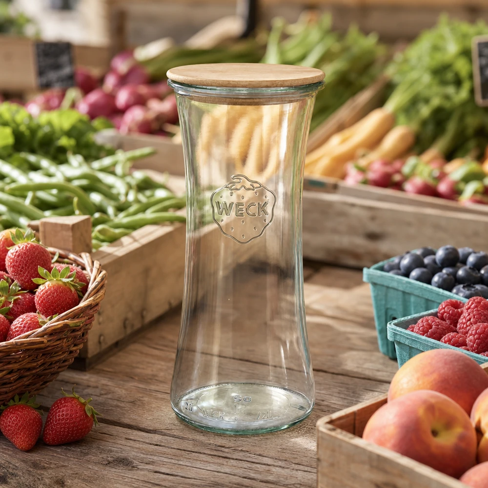 700ml lahůdková zavařovací sklenice WECK RR80 s dřevěným víčkem. WECK Delikatessenglas 700ml RR80 mit Holzdeckel auf Wochenmarkt zwischen frischem Obst und Gemüse natürliche Umgebung
