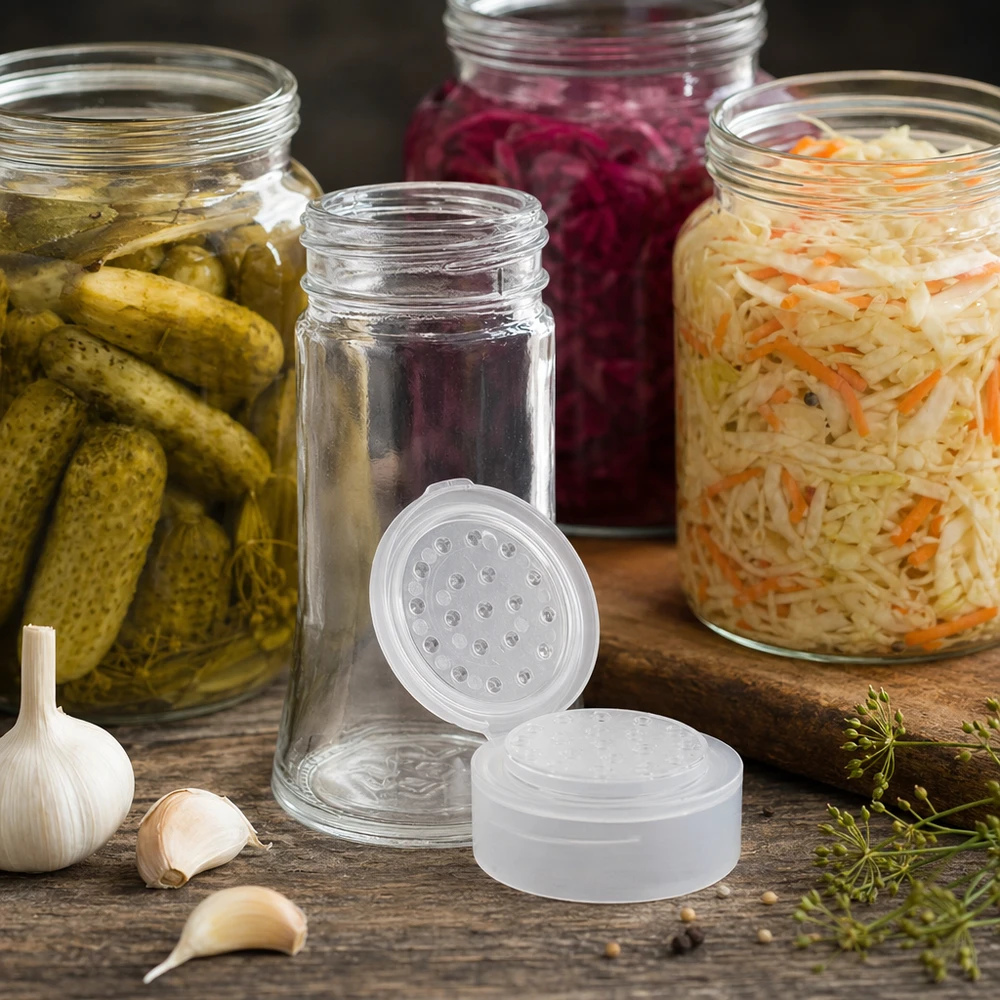 Dóza na sůl/koření 95ml s šejkrem bílá Kompaktes Streuglas 95ml mit weißem Deckel und Streuöffnungen in Küchenanwendung