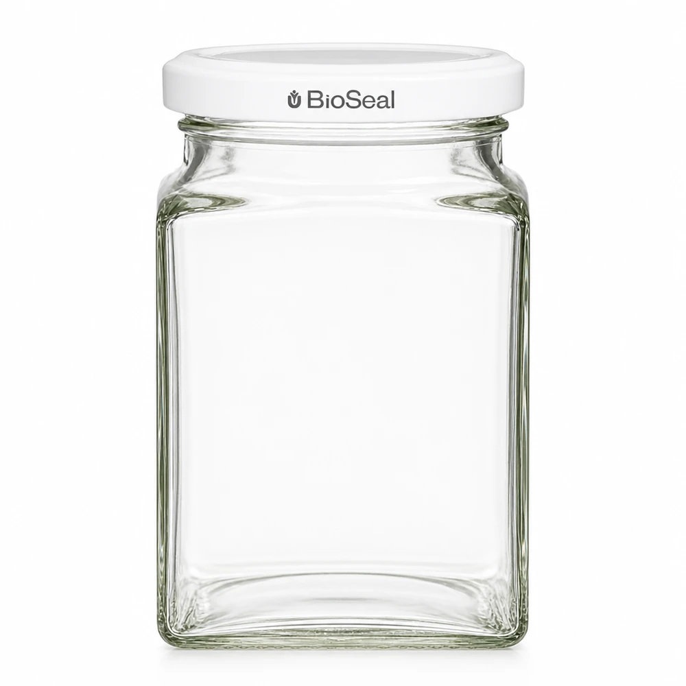 UNiTWIST Tetra260 Vorratsglas eckig mit weißem TO58 BioSeal Deckel leer transparent Glasdose