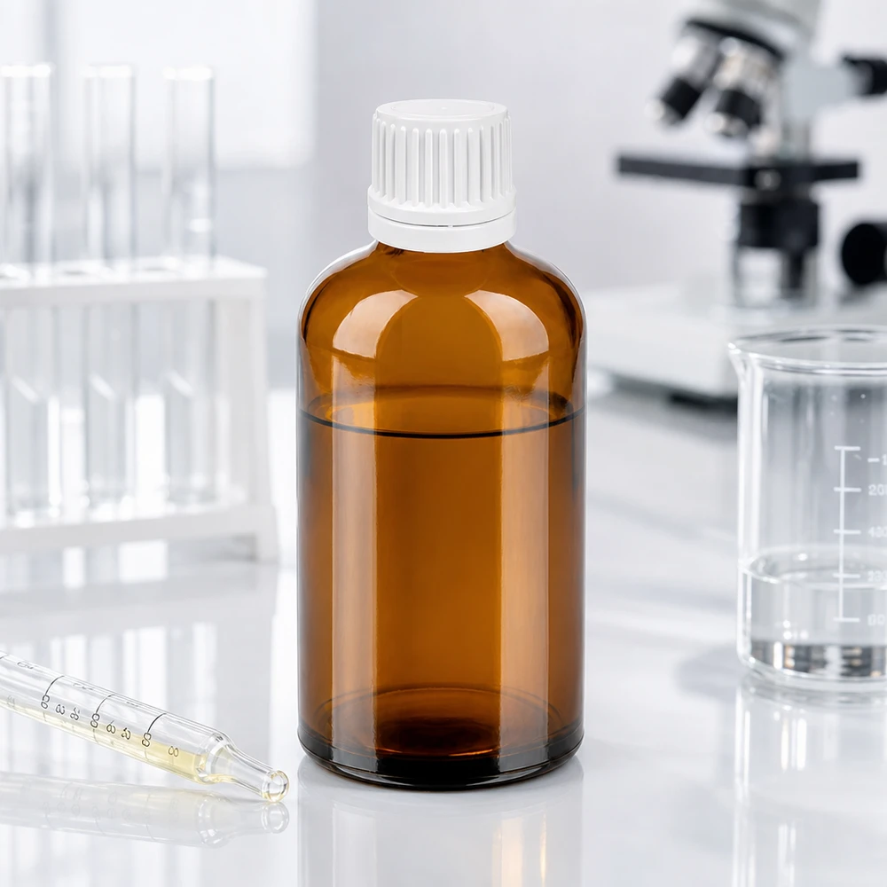 100ml lahvička s kapátkem 0,7mm bílá tamper-evidentní uzávěr BrownLine UT18/100 100ml Braunglas-Tropfflasche mit weißem Verschluss für lichtempfindliche Substanzen