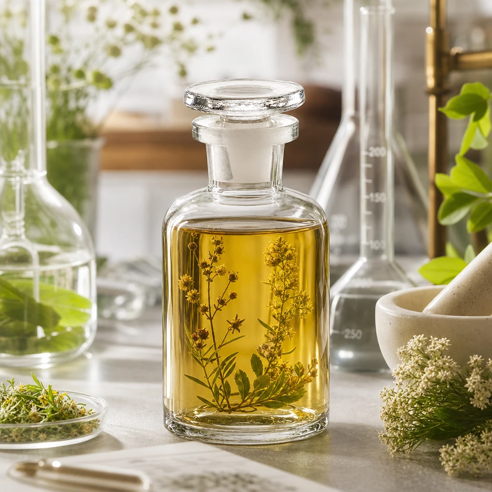 Kulatá lahvička s raménkem 50 ml čirá skleněná zátka s úzkým hrdlem Botanische Ölflasche 50ml klar Rundschulter Glasstopfen Enghals für Naturprodukte