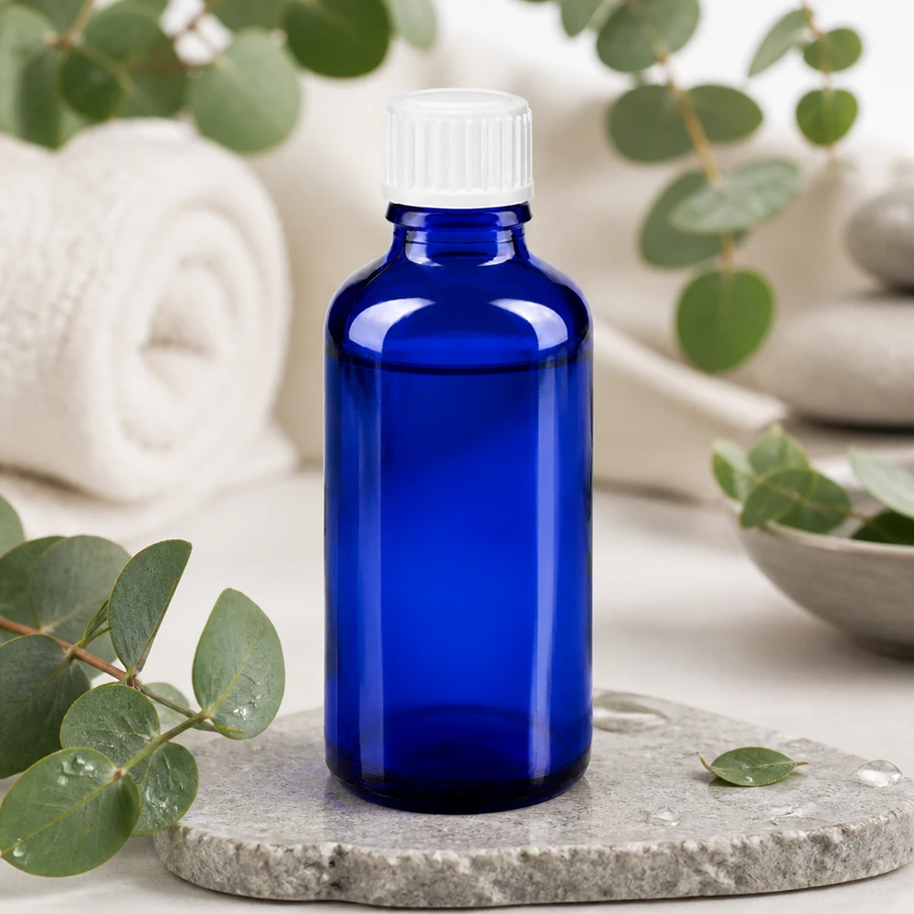 Hochwertige blaue Medizinflasche 50ml aus Apothekenglas lichtgeschützt für empfindliche Substanzen