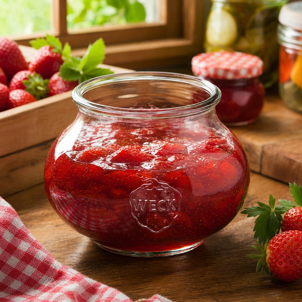 560ml dóza na šperky WECK RR80 s dřevěným dřevem WECK Schmuckglas 560ml RR80 gefüllt mit Erdbeermarmelade in rustikaler Küche mit frischen Erdbeeren und Einmachgläsern
