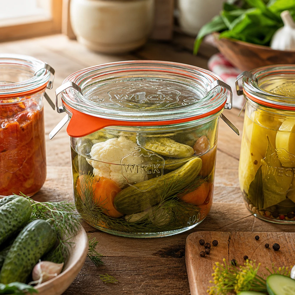 WECK 200ml Einmachglas RR80 beim Einkochen von Gemüse und Gurken in rustikaler Küche mit Dill und Gewürzen