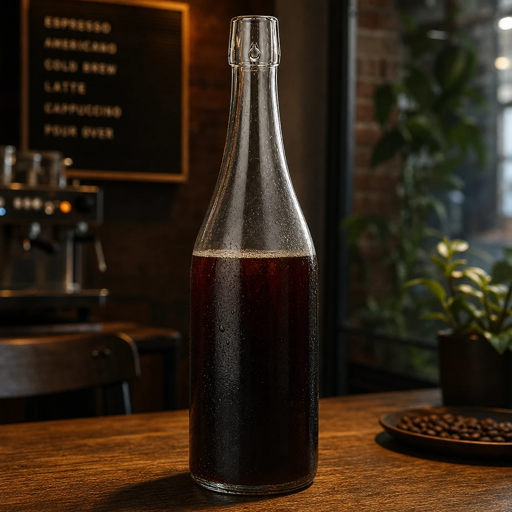 Skleněná láhev o objemu 750 ml bez výklopného víčka UNiTWIST 750ml UNiTWIST Glasflasche mit Cold Brew Kaffee befüllt auf Holztisch in stylischer Café Atmosphäre Anwendung
