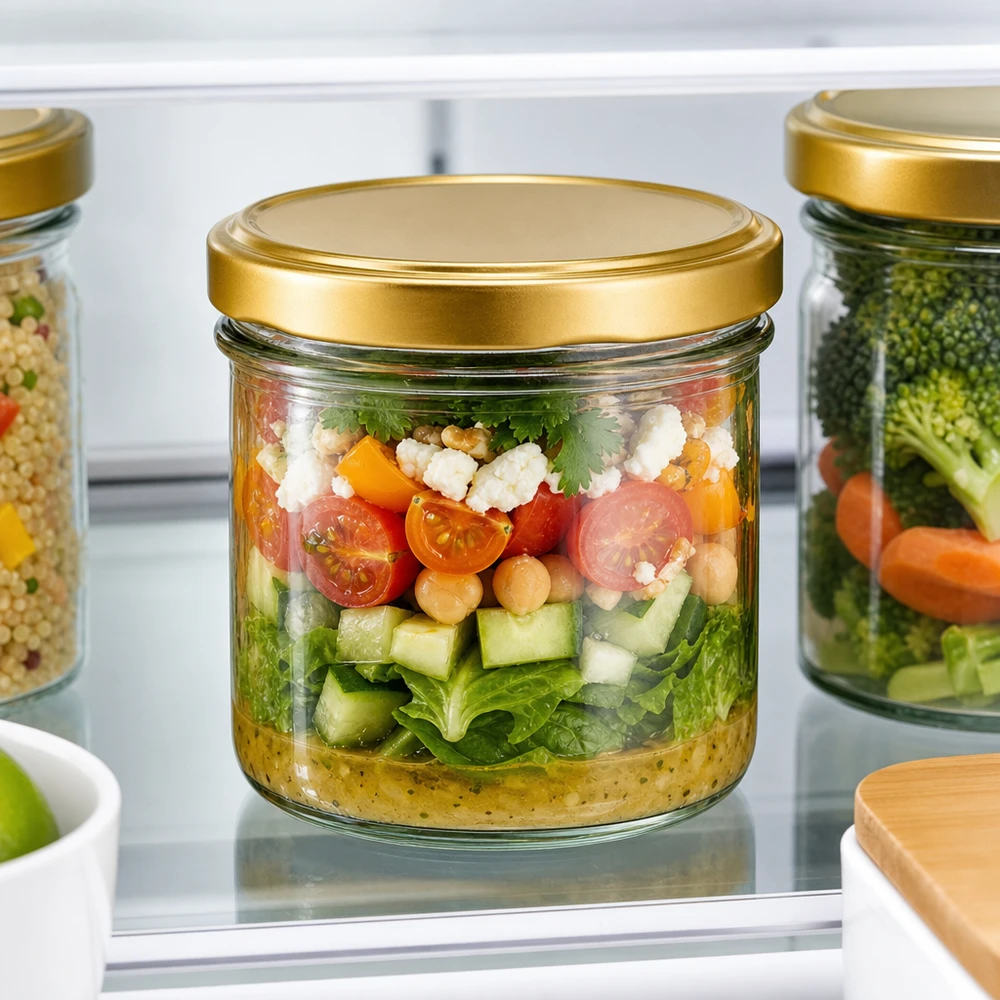225ml tumblery s víčkem BasicSeal zlaté UNiTWIST 225ml Sturzglas UNiTWIST BasicSeal gold mit Schichtsalat im Kühlschrank - praktisches Meal Prep Glas für Vorrat
