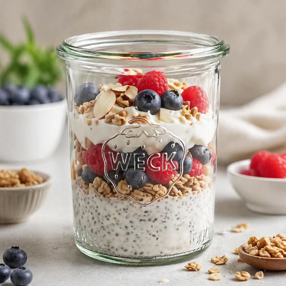 160ml zavařovací sklenice WECK RR60 s dřevěným dřevem WECK Sturzglas 160ml RR60 mit Chia Pudding Beeren und Nüssen gefüllt als gesunde Frühstücksidee