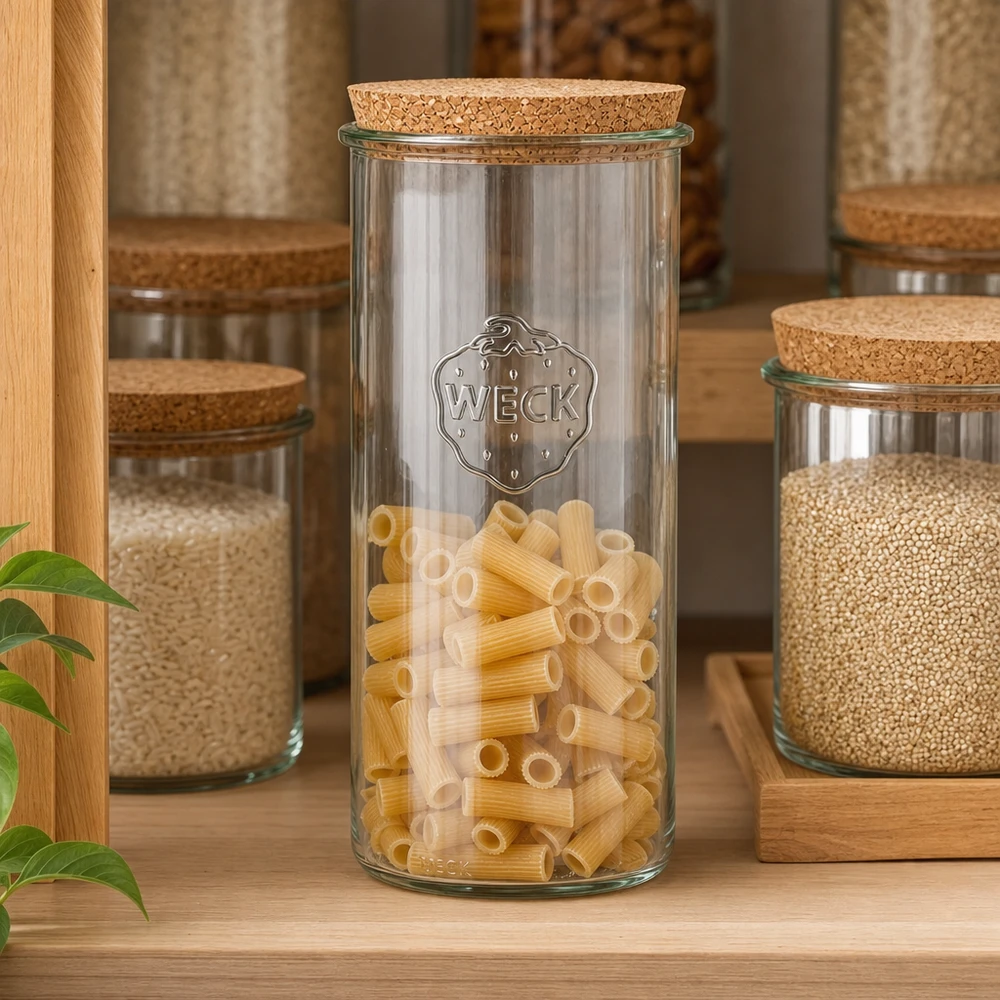 1500ml lahvičky WECK RR100 s korkovou zátkou přírodní WECK Sturzglas 1500ml RR100 mit Pasta gefüllt Küchenregal Korken Deckel Pantry Organisation Vorratshaltung