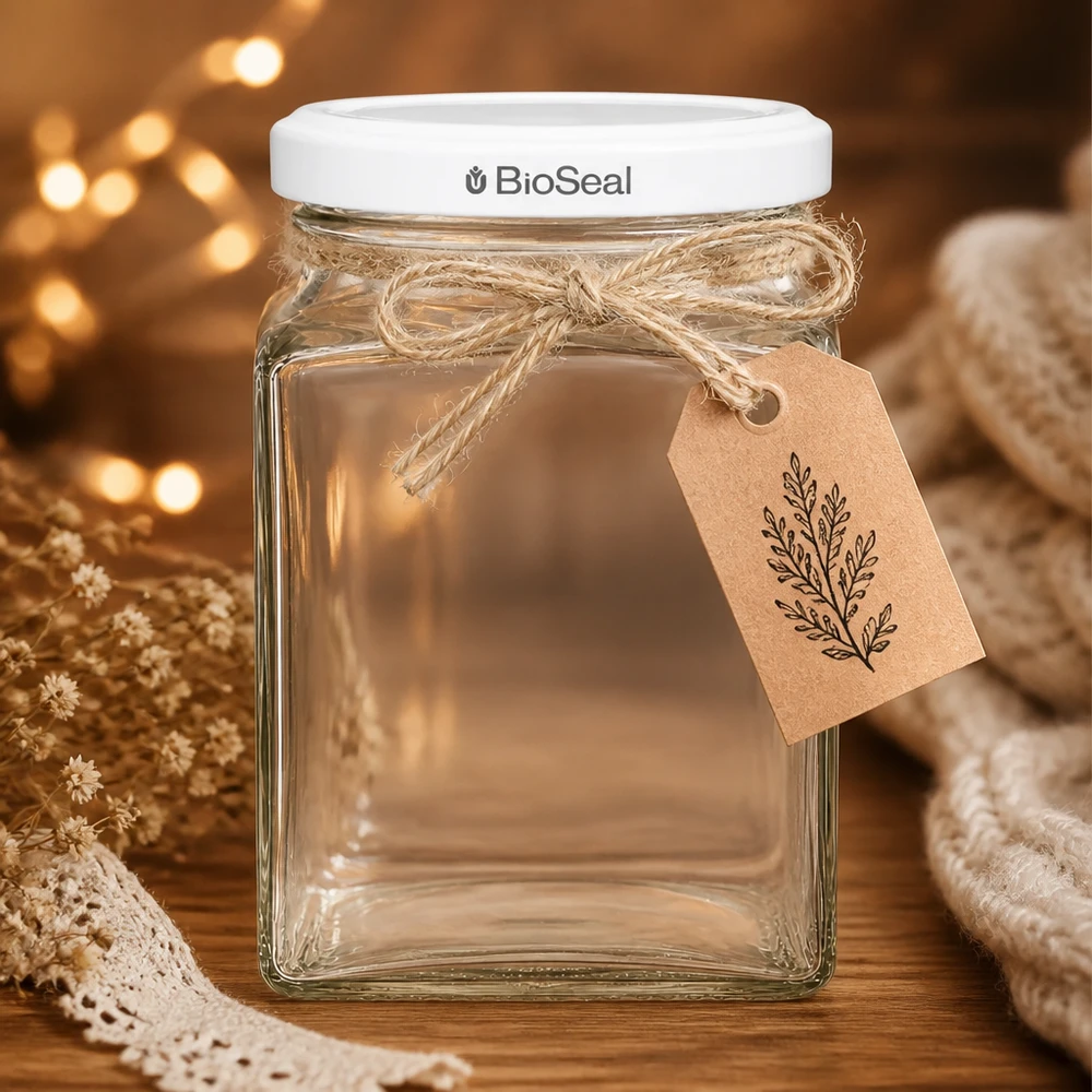 260ml tetra sklenice + víčko BioSeal bílé UNiTWIST UNiTWIST Tetra260 Vorratsglas mit weißem TO58 BioSeal Deckel und Geschenkanhänger rustikale Deko warmes Licht