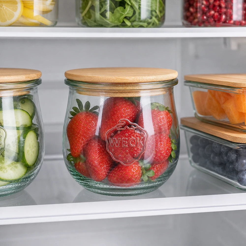 370ml tulipánová sklenice WECK RR80 s dřevěným víčkem WECK Tulpenglas 370ml RR80 mit Holzdeckel zur Aufbewahrung von Erdbeeren und Gurken im Kühlschrank organisiert