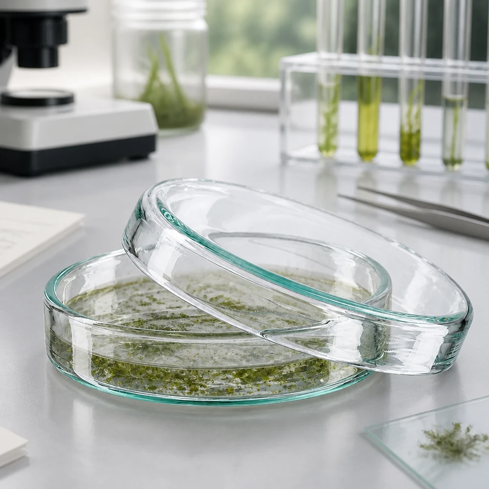 Petriho miska o průměru 60 mm z čirého laboratorního skla pro kultivaci mikroorganismů a buněčných kultur. Výška 15 mm Hochwertige Glaspetrischale 60 mm Durchmesser 15 mm Höhe mit grüner Probe im Reinlabor