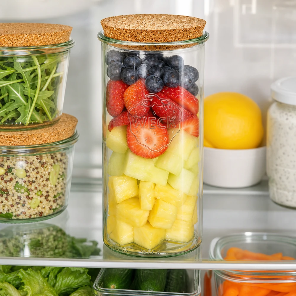 WECK Sturzglas 1500ml RR100 Kühlschrank Organisation Obstsalat Beeren Ananas Korken Deckel Meal Prep Frischhaltung