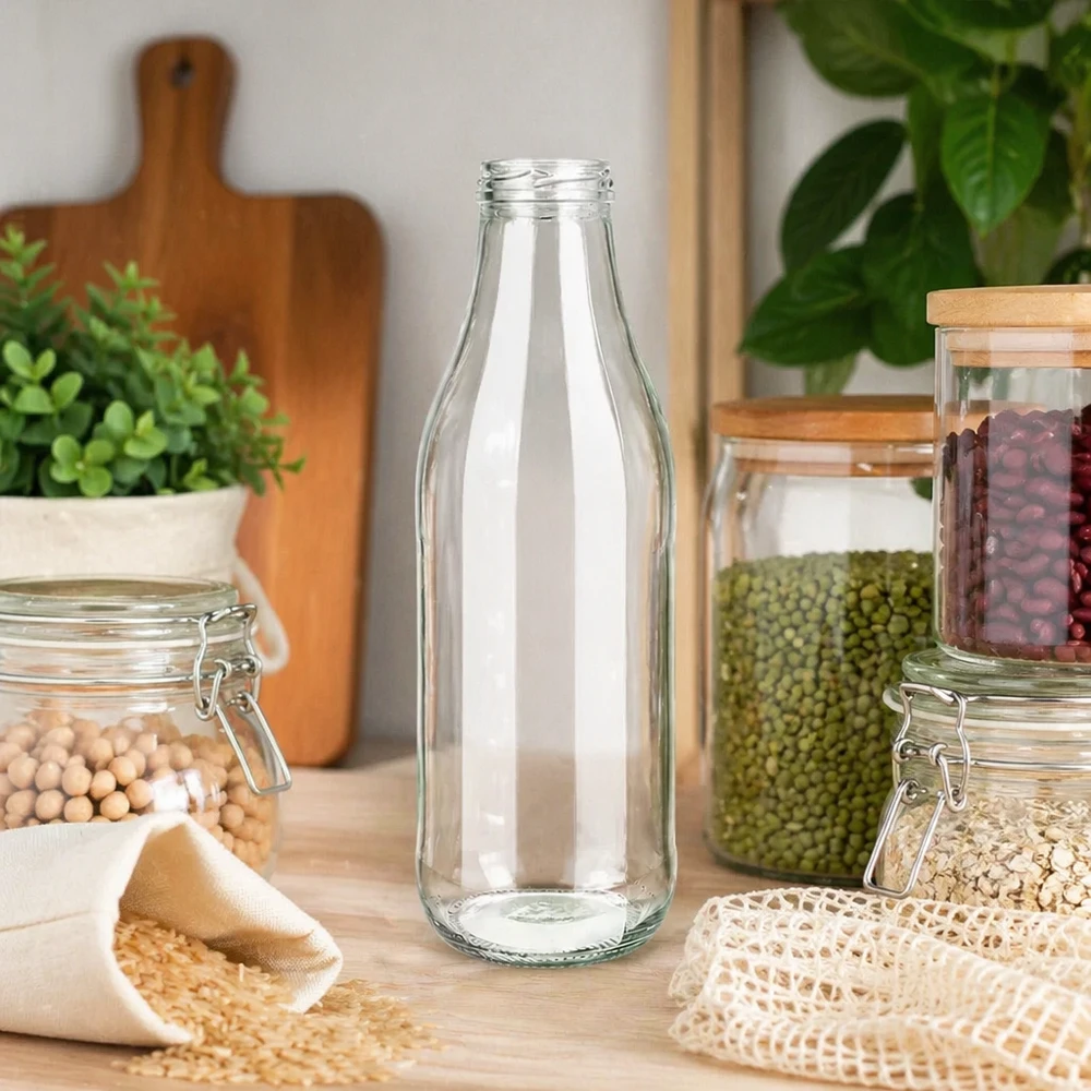 Skleněná láhev o objemu 1000 ml bez víčka (TO48) UNiTWIST 1000ml Glasflasche TO48 UNiTWIST in nachhaltiger Zero Waste Küche mit Vorratsgläsern und Hülsenfrüchten