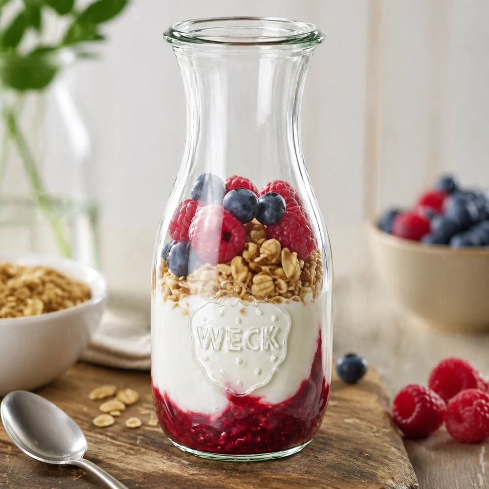 530ml láhev na džus WECK RR60 s dřevěným dřevem WECK Saftflasche 530ml RR60 als Müslischale mit Joghurt Beeren und Granola gefüllt neben frischen Früchten