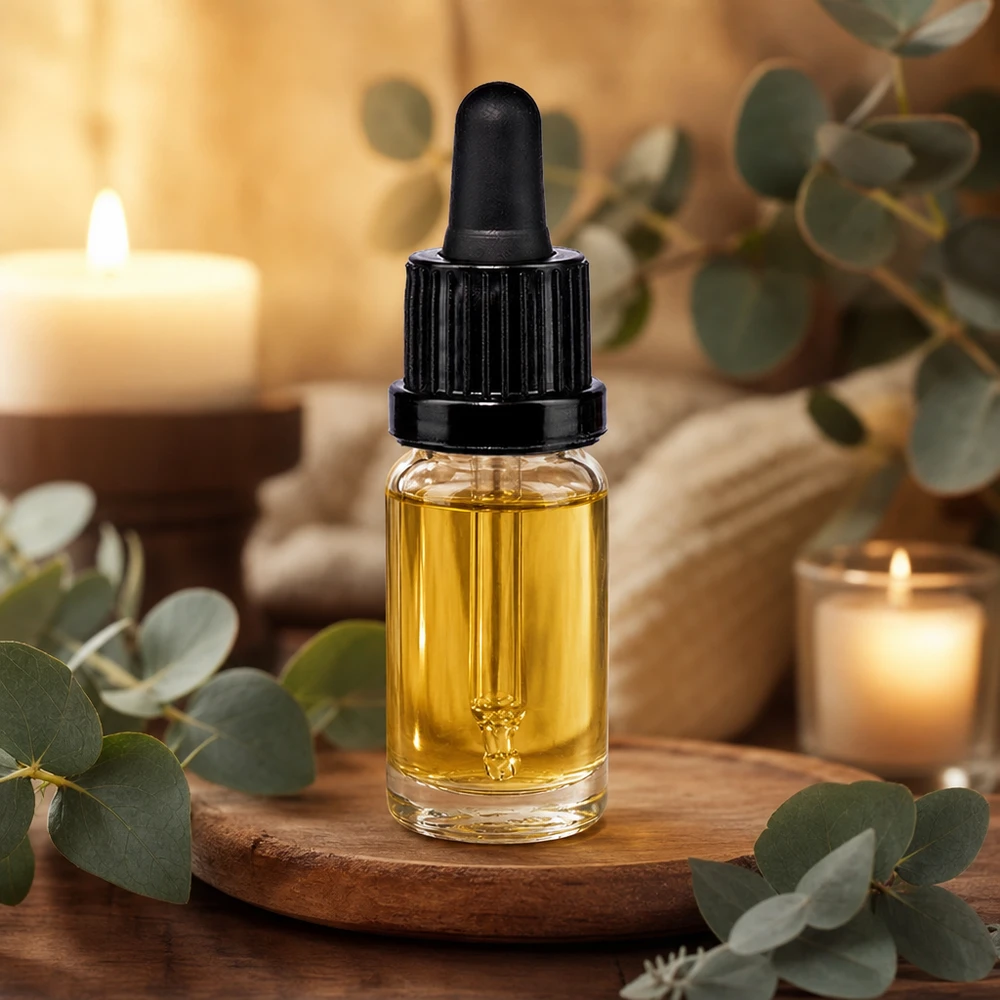 10ml pipetovací láhev černá s tamper-evidentním uzávěrem ClearLine UT18/10 10ml Flakon mit Glaspipette schwarz befüllt mit gelbem Öl auf rustikalem Holzuntergrund