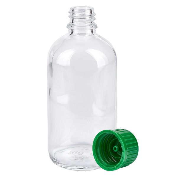 100ml láhev 11mm šroubovací uzávěr zelená Standard ClearLine UT18/100 Kleine zylindrische Klarglasflasche 100ml ClearLine mit grünem Verschluss STD SV