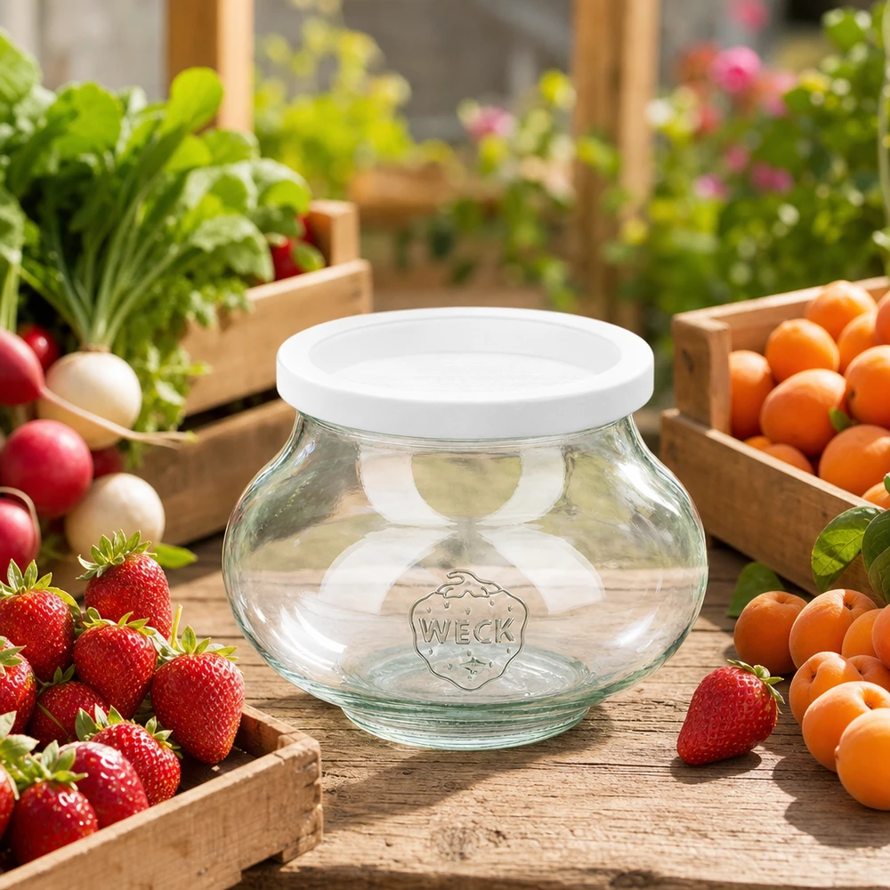 WECK Vorratsglas 560ml RR80 leer zwischen frischen Früchten und Gemüse auf Holztisch im Garten als Aufbewahrungsglas
