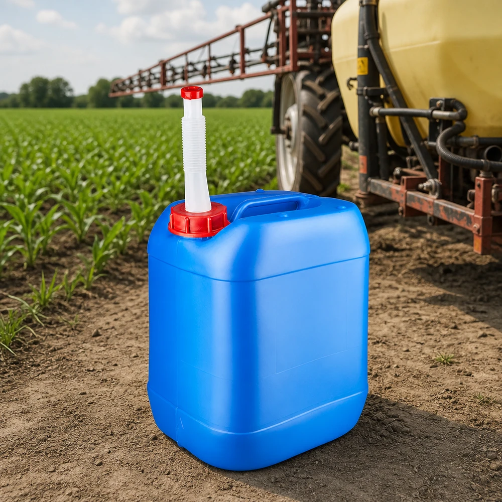 Kanystr 20 litrů modrý s výpustným potrubím Flex HDPE Kanister 20 Liter blau mit weißem Auslaufrohr für Dünger und Agrochemikalien
