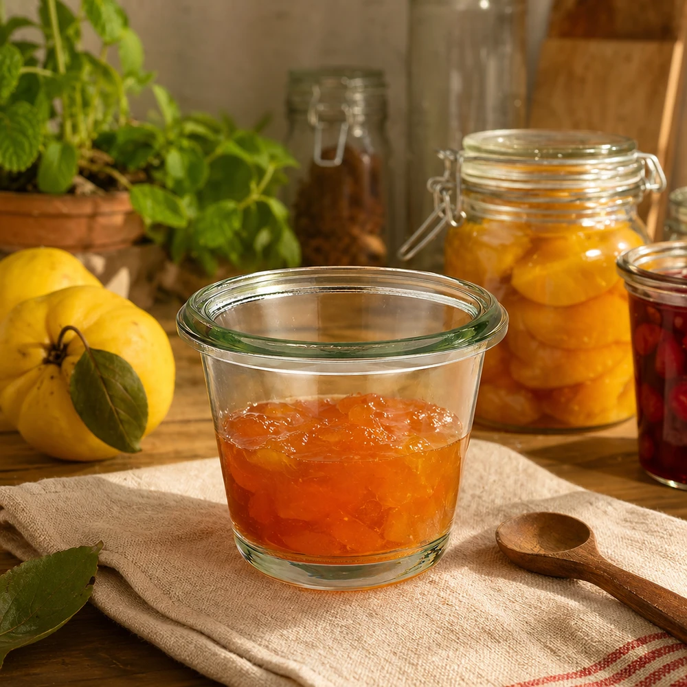 80ml sklenice na gurmánský nápoj WECK RR60 80ml WECK Gourmetglas RR60 gefüllt mit Marmelade in rustikaler Küche neben frischen Zitronen und anderen Einmachgläsern