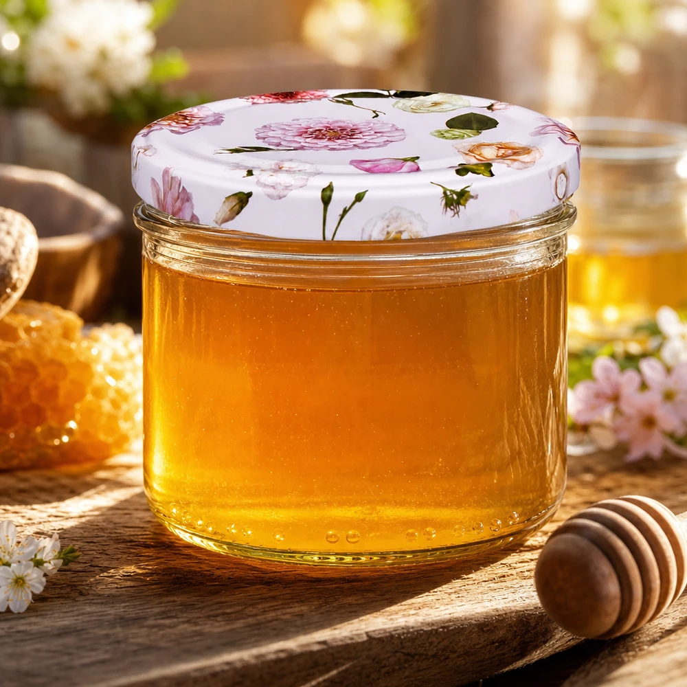 Honigaufbewahrung im 230ml Zylinderglas mit BasicSeal Deckel Blume rosa - Honigglas auf Holztisch mit Waben