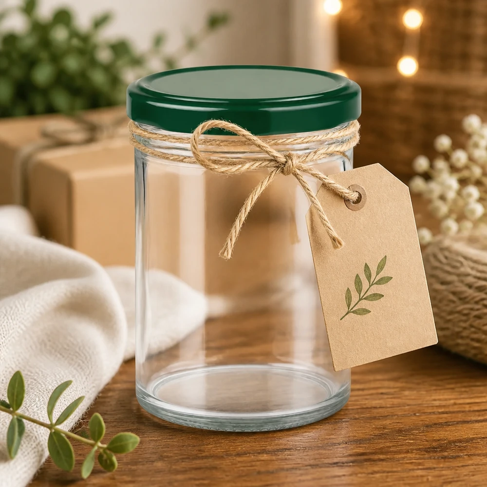350ml tumblery + víčko BasicSeal zelené UNiTWIST 350ml Sturzglas UNiTWIST leer mit grünem Deckel und Geschenkanhänger als dekorative Verpackungsidee