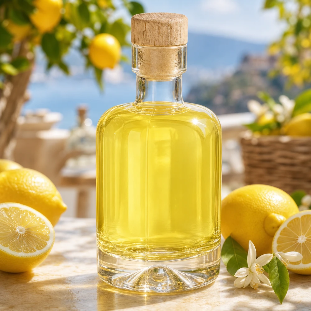 50ml Glasflasche "Attila" mit Holzgriffkorken UNiTWIST 50ml Glasflasche Amelie gefüllt mit gelbem Likör zwischen Zitronen und Blüten mediterran dekoriert