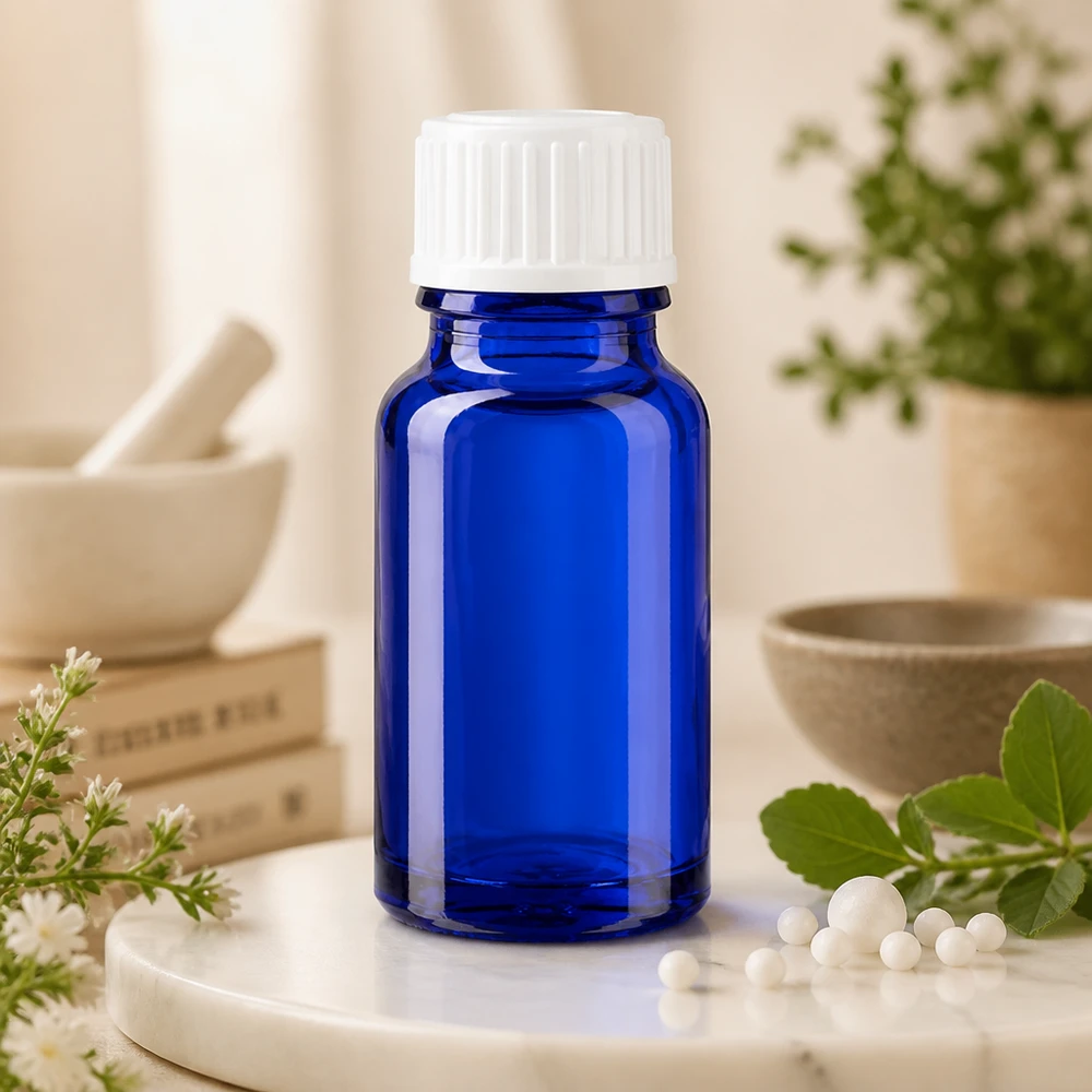 Lékárenská láhev modrá 10ml šroubovací uzávěr bílý standardní UV-Schutz Glasflasche 10ml blau weißer Schraubverschluss ideal für Naturheilkunde und Homöopathie