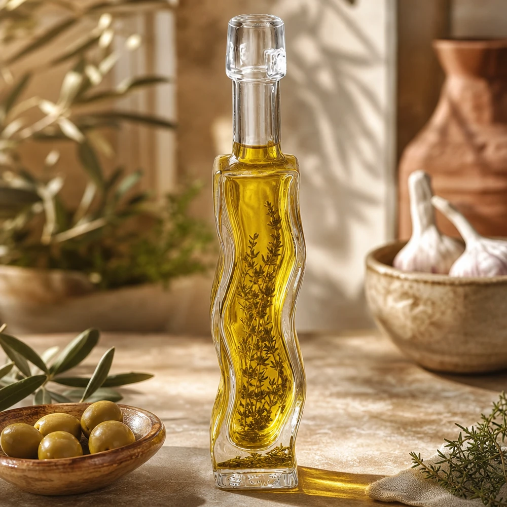 40ml Glasflasche "Anna" ohne Bügelverschluss UNiTWIST 40ml Glasflasche Anna mit Olivenöl und Kräutern befüllt Anwendungsbeispiel Küche mediterrane Dekoration