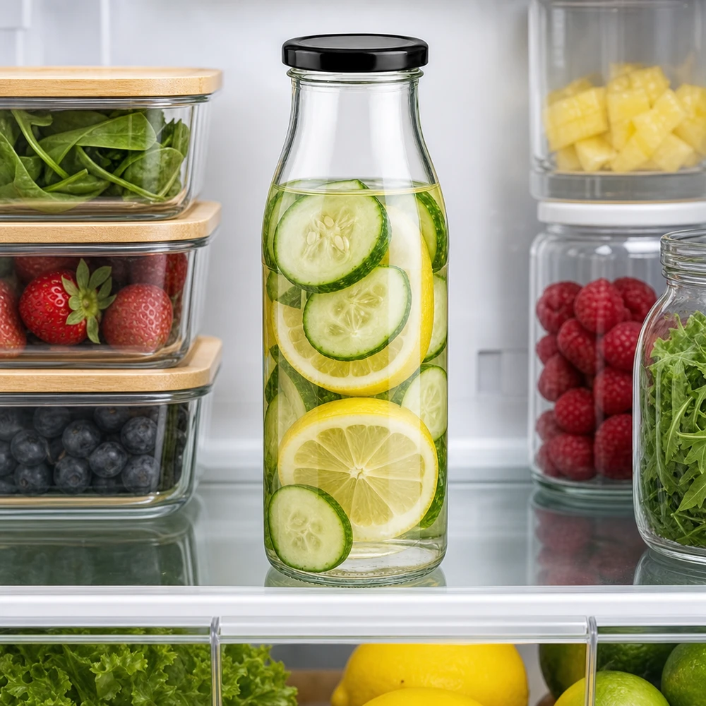 500ml skleněná láhev + víčko BasicSeal černé UNiTWIST 500ml Glasflasche mit Gurken-Zitronen-Wasser im Kühlschrank zwischen frischen Früchten und Gemüse