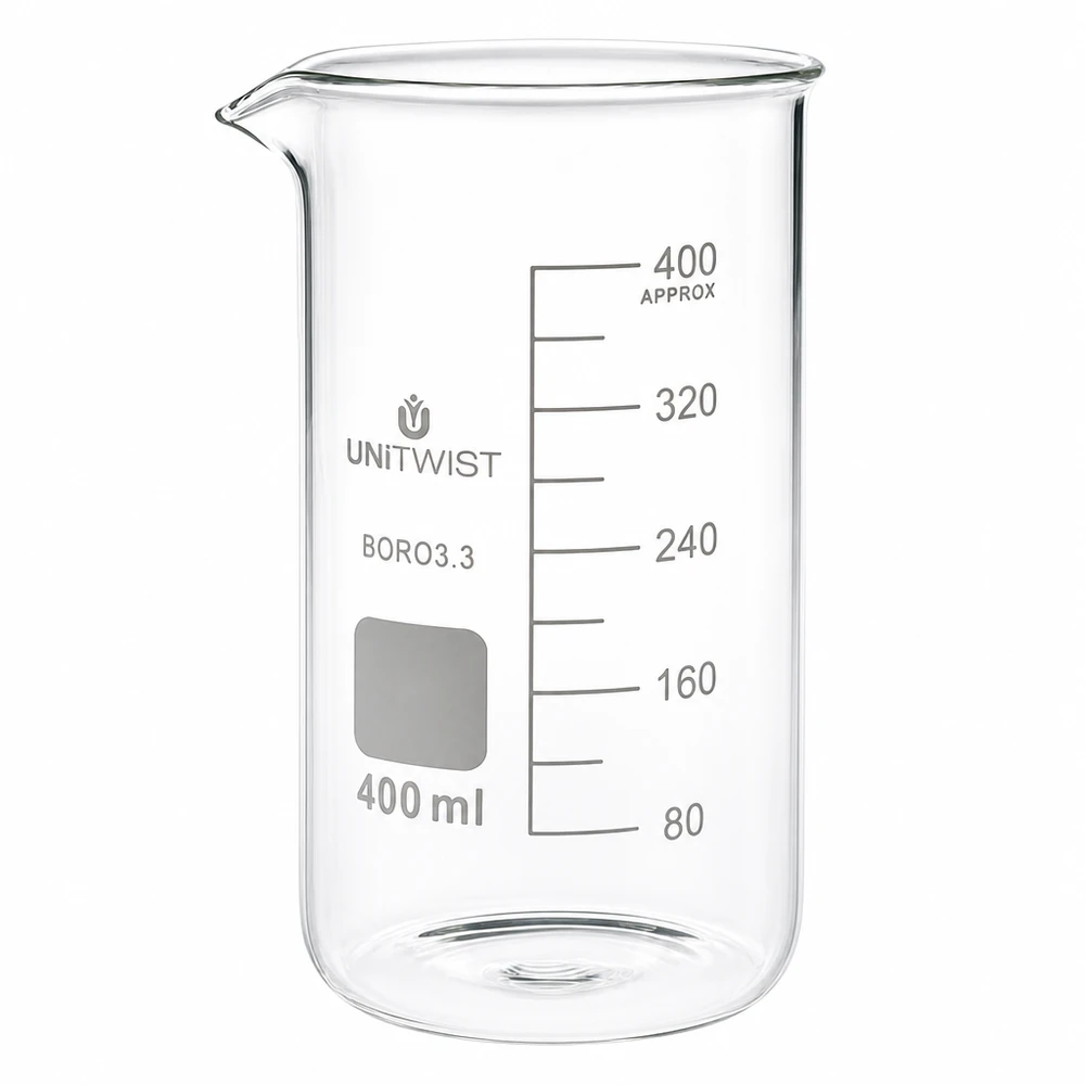 Kádinka 400 ml borosilikátová, vysoká forma UNiTWIST Messbecher Labor 400ml hohe Form Borosilikatglas transparent mit präziser ml Skala